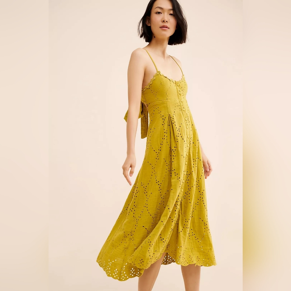 Free People Getaway maxi dress Mustard Eyelet Tie-Back Maxi Dress